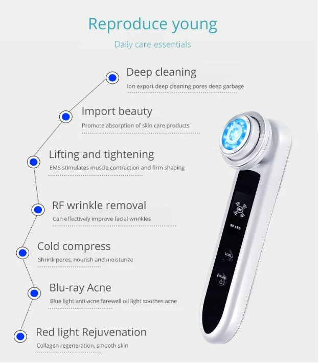 PeakHaven EMS RF Skin Care Clean Tighten Lifting Facial LED Photon Radio Frequency Beauty Massager - Pink
