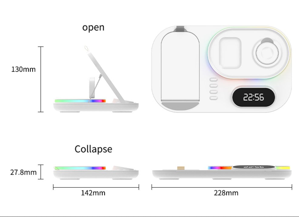PeakHaven 3in1 30W Wireless Charger with Clock, Fast Charging RGB Atmosphere Light - White