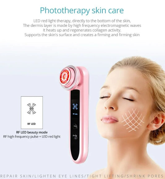 PeakHaven EMS RF Skin Care Clean Tighten Lifting Facial LED Photon Radio Frequency Beauty Massager - Pink