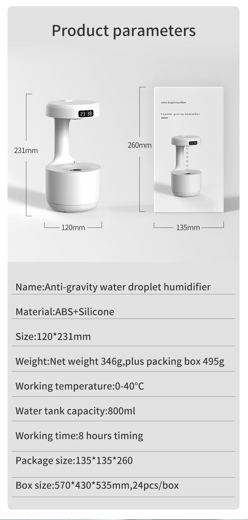 PeakHaven Water Drop Backflow Anti gravity Humidifier LED Time Display